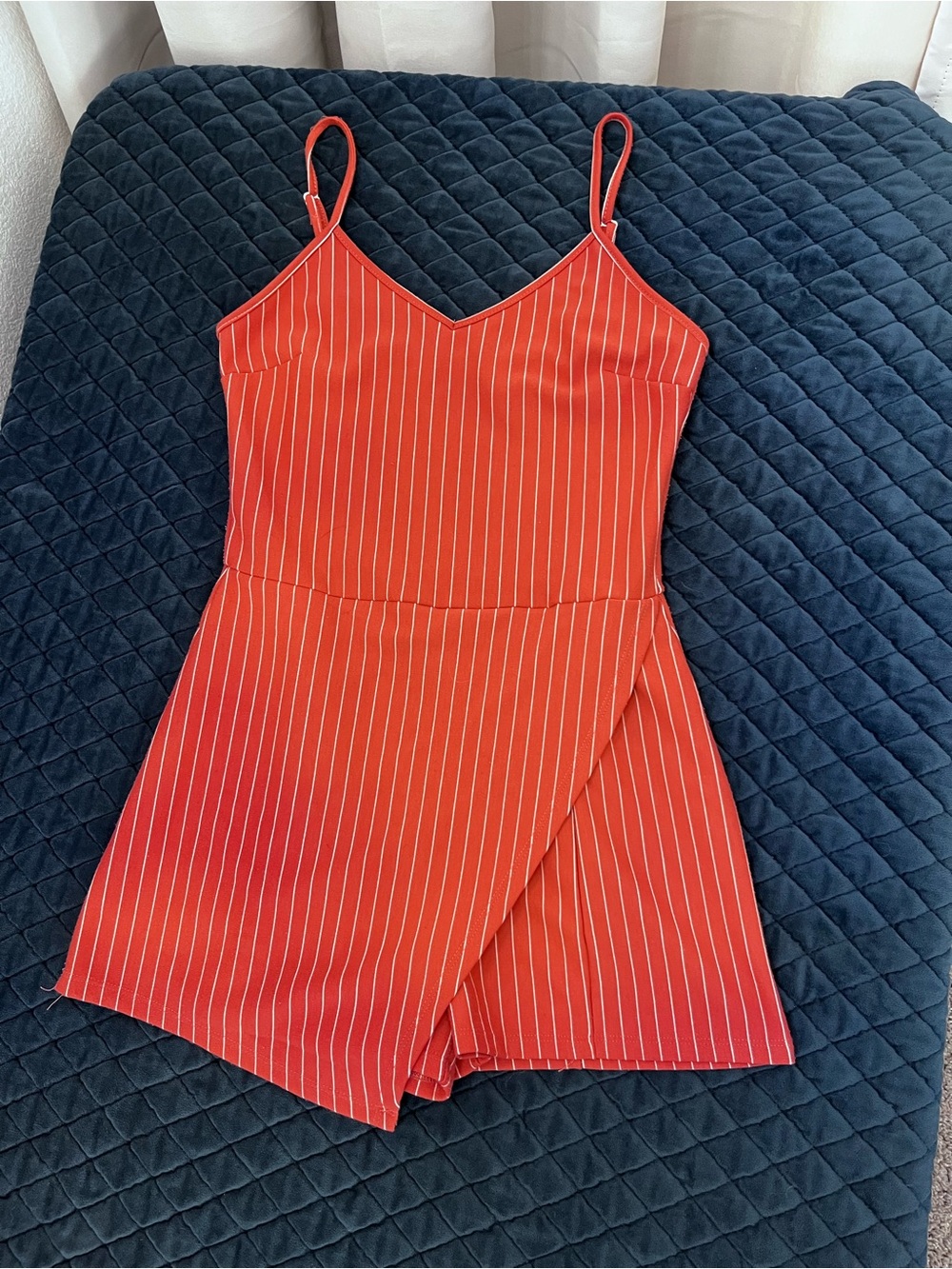 Popular Basics Dark Orange Pinstripe V-Neck Cami Romper Layered Spaghetti Strap
